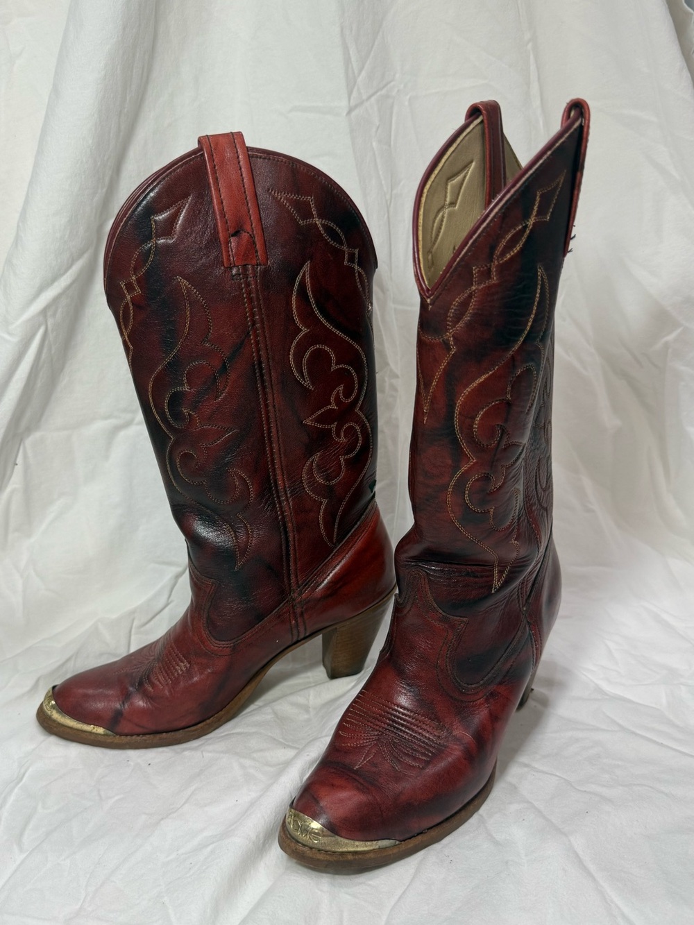 ACME Red Leather Western Heeled Cowboy Boots with Metal Toe
